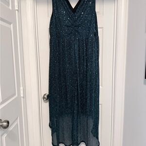 Teal and Black Sequin V-Neck High-Low Evening Dress